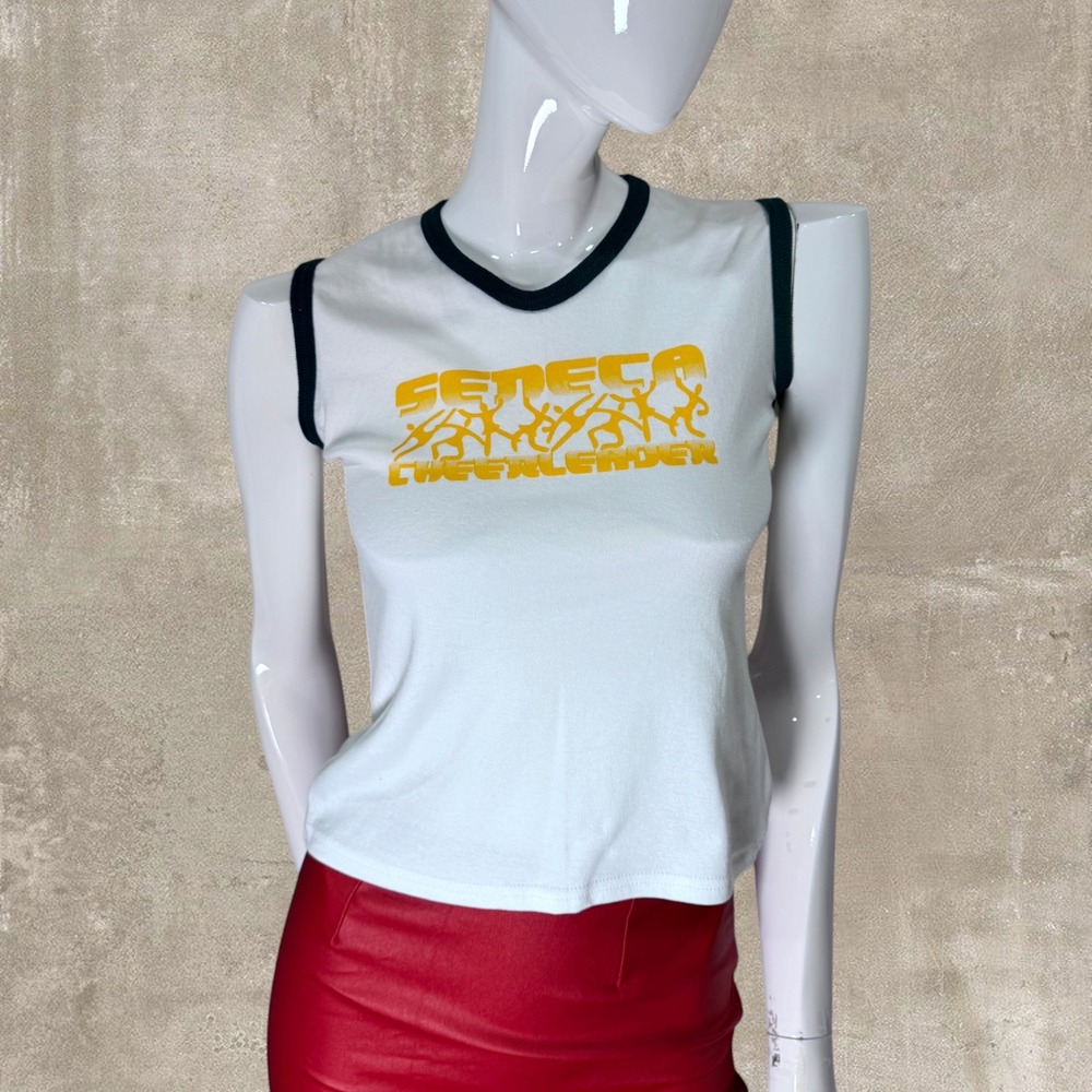 Vintage Y2K Seneca Cheerleader Baby Tank Top White Green Ringer Made USA Small